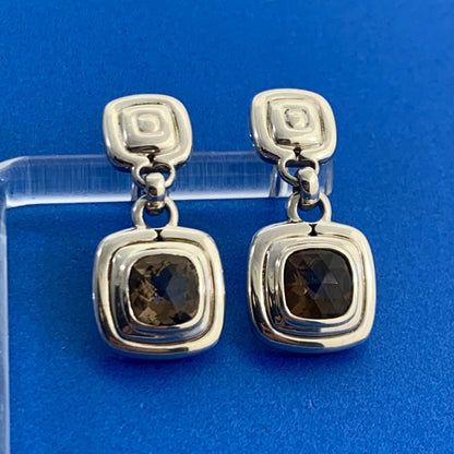 John Hardy 925 Sterling Silver Cushion Cut Smoky Quartz Dangle Drop Earrings