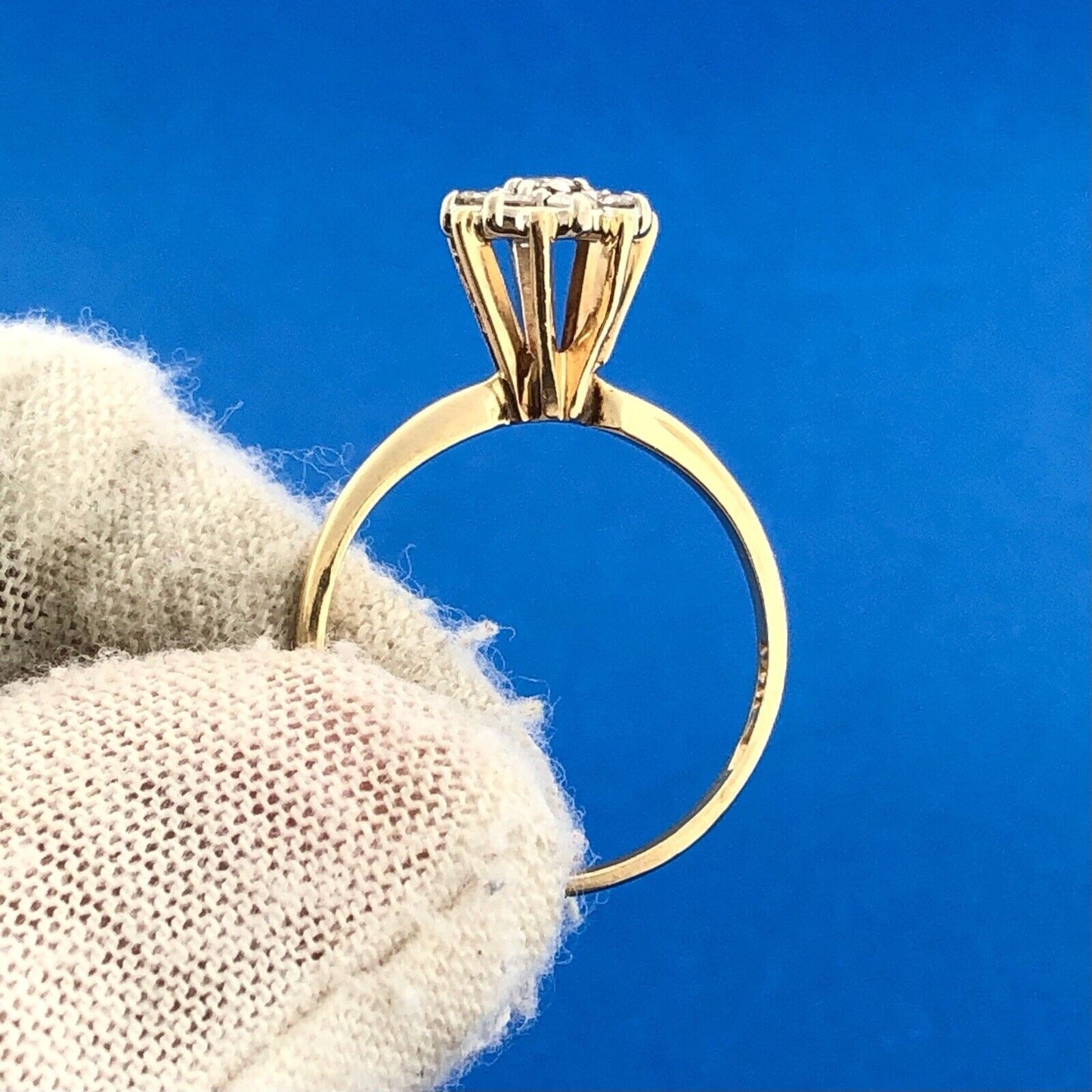 70's 14K Yellow Gold Diamond Floral Cluster Empire Top Anniversary Cocktail Ring