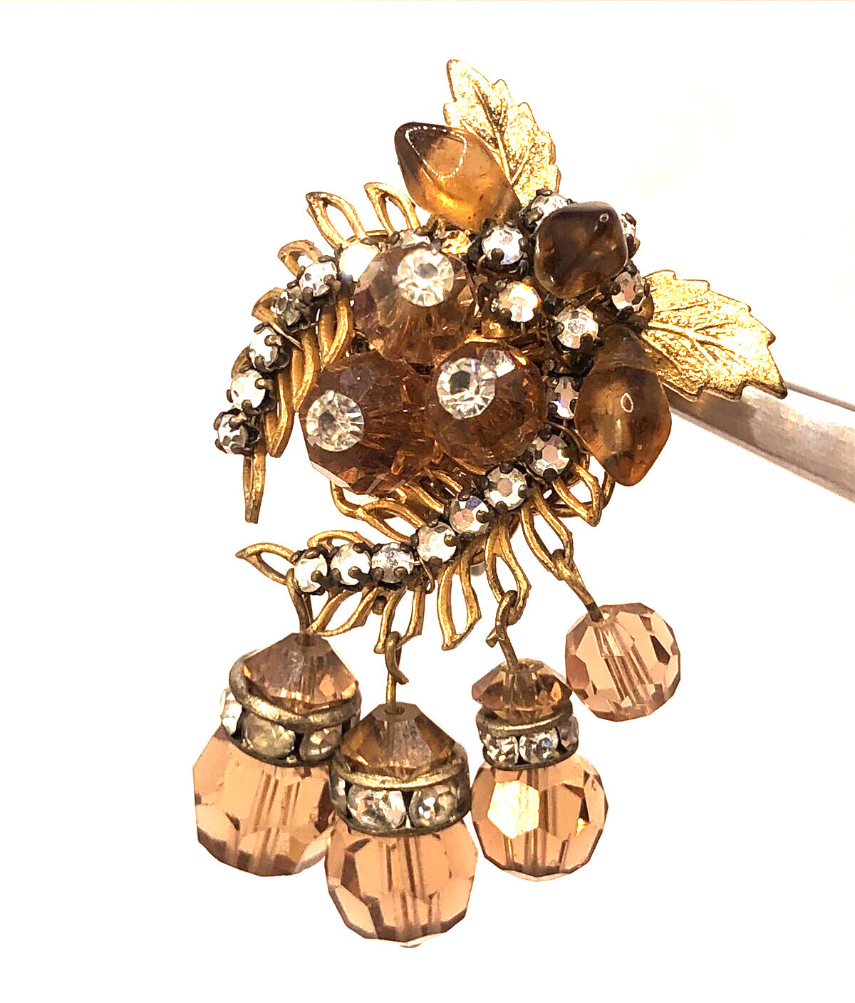Mid Century Copper Tone Rhinestone Statement Dangle Clip On Stud Earrings