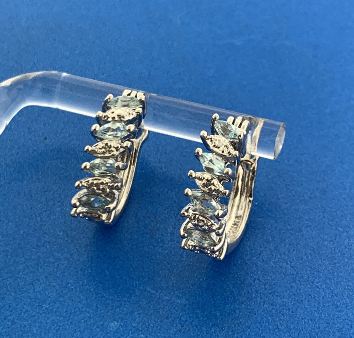 Designer Sterling Silver Marquise Aquamarine Diamond Accented Half Hoop Earrings