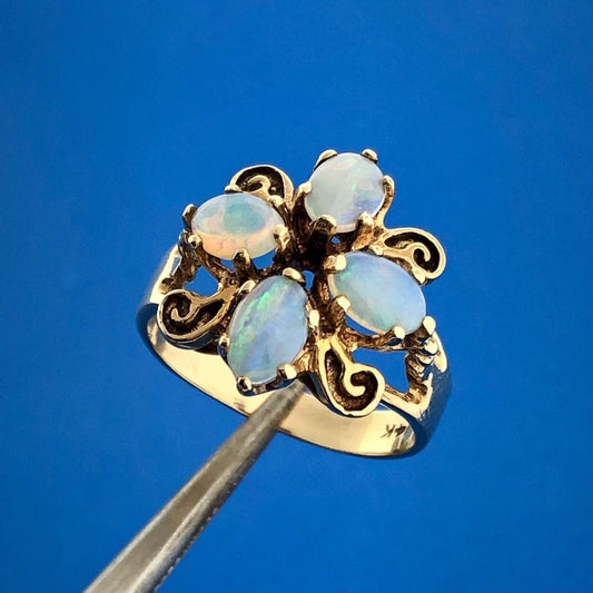 Mid Century 14K Yellow Gold Oval Opal Cabochon Floral Scroll Butterfly Ring