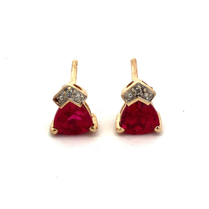 Designer 10K Yellow Gold Trillion Ruby Diamond Accent Stud Earrings