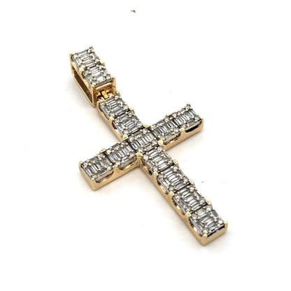 10K Yellow Gold Baguette Round Diamond Pave Statement Cross Pendant
