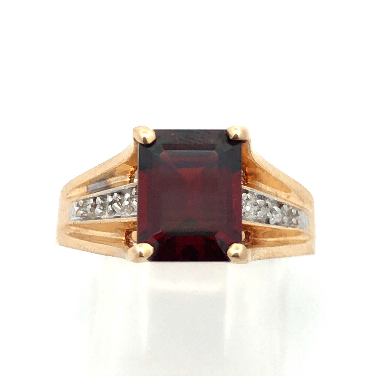 Designer 14K Yellow Gold Emerald Cut Garnet Round Diamond Accent Cocktail Ring