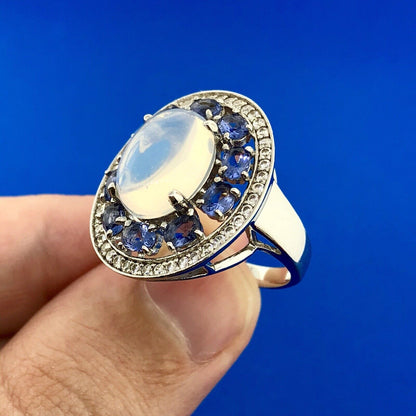 925 Sterling Silver Moonstone Tanzanite Diamond Double Halo Statement Ring
