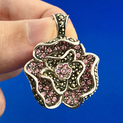 Designer Sterling Silver Pink Cubic Zirconia Marcasite Flower Enhancer Pendant