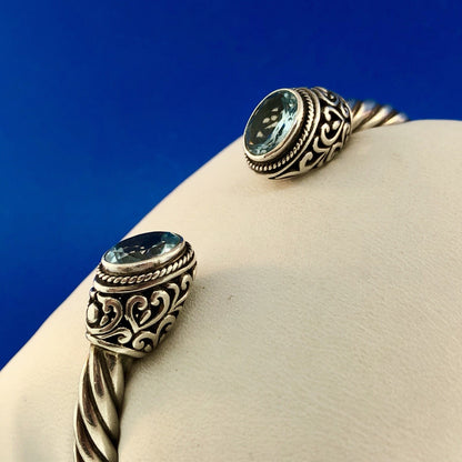 Designer ATI Sterling Silver Blue Topaz Heart Scroll Cable Hinged Cuff Bracelet