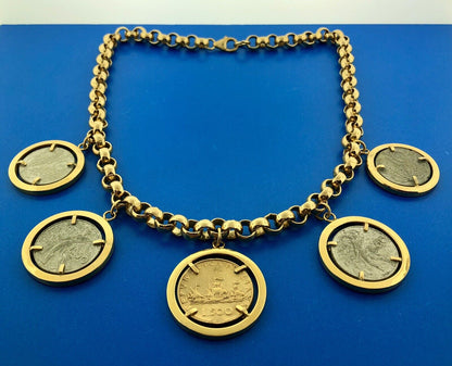 Bellezza Bronze Two Tone 500 And 50 Lira Rolo Link Statement Station Necklace