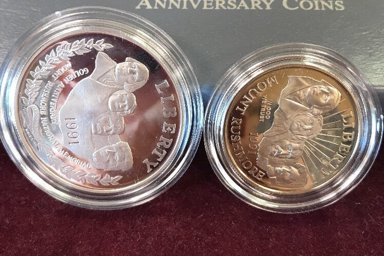 1991 S Mount Rushmore Anniversary 2 Coin 90% Silver Clad Proof Set OGP/COA
