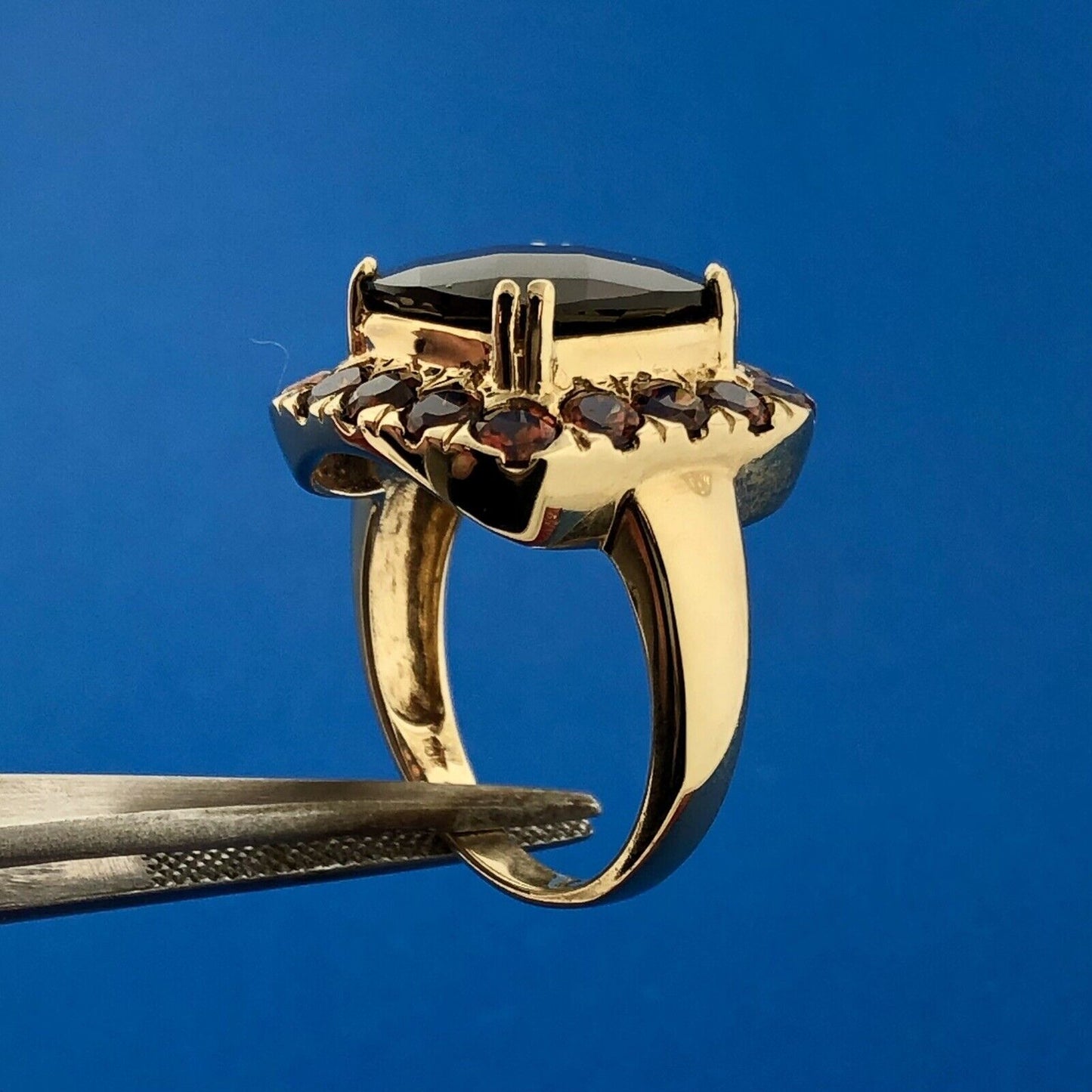 Designer 14K Yellow Gold Cushion Garnet Solitaire Halo January Anniversary Ring