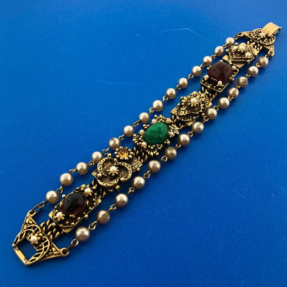 Vintage Gold Tone Faux Gem Pearl Cabochon Rhinestone Statement Panel Bracelet