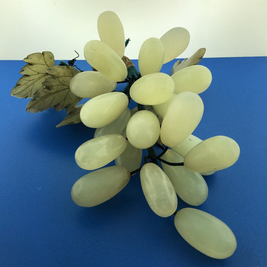Mid Century Green Jade Hand Carved Leaves Large Long Grape Cluster Decorative