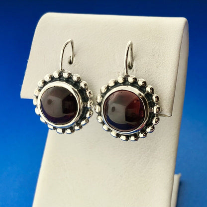 Modernist Sterling Silver Garnet Cabochon Beaded Halo January Occasion Earrings