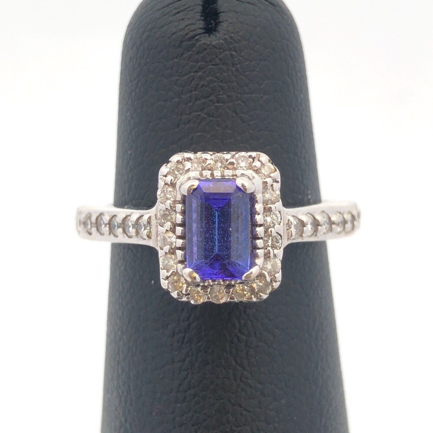 Designer 14K White Gold Emerald Cut Tanzanite Diamond Halo Engagement Ring