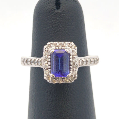 Designer 14K White Gold Emerald Cut Tanzanite Diamond Halo Engagement Ring
