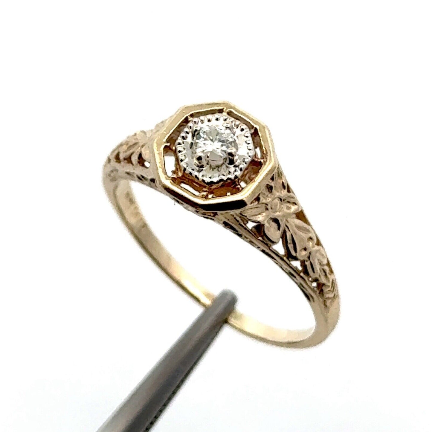 Retro 14K Yellow White Gold Diamond Solitaire Floral Filigree Engagement Ring