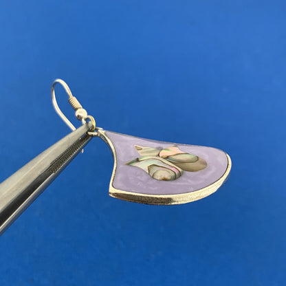 Vintage Mexican Alpaca Silver Abalone Purple Enamel Drop Dangle Earrings