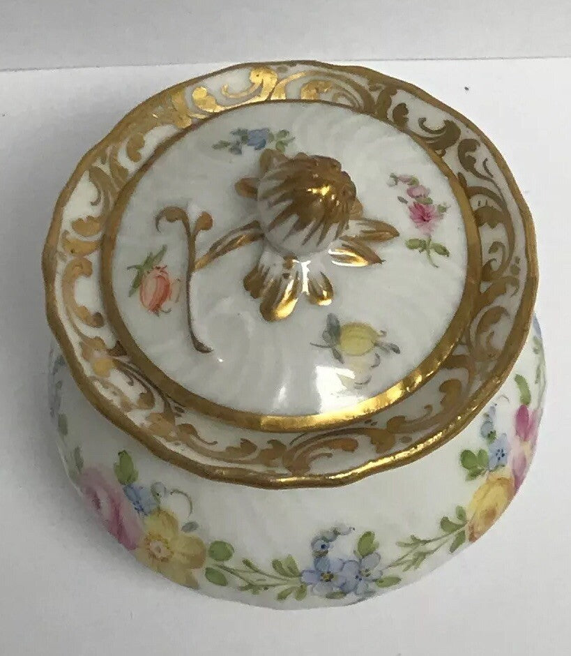 Vintage Dresden Hand Painted Gold Leaf Floral Lidded Cup/Pot No Saucer Inkwell