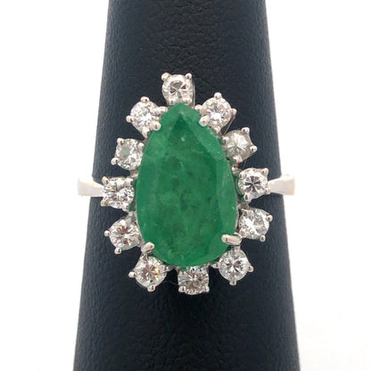 Vintage 18K White Gold Pear Natural Emerald Diamond Halo May Cocktail Ring