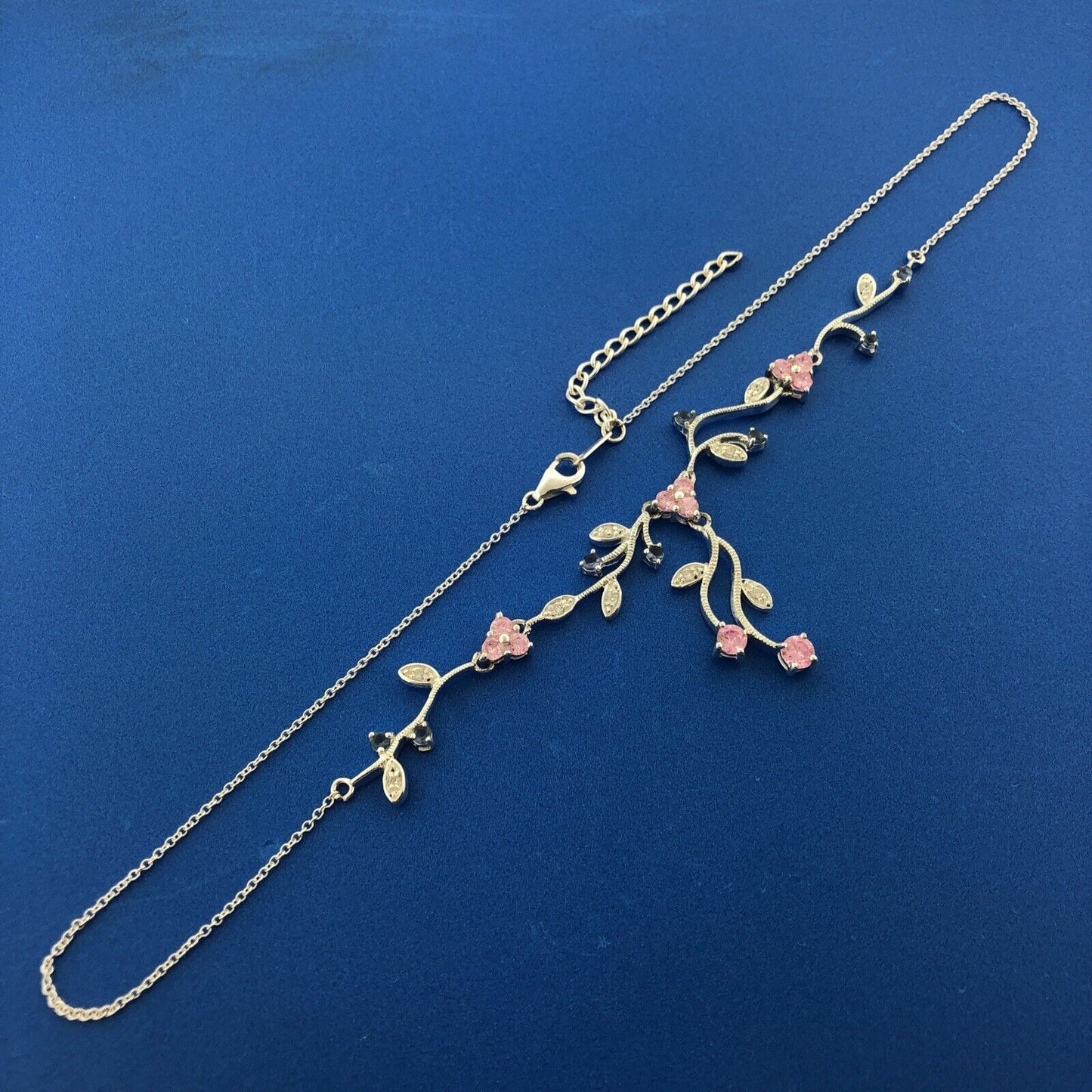 Exquisite Sterling Silver 925 Blue Pink White CZ Floral Scroll Drop Necklace