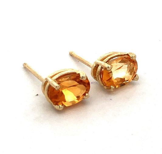 14K Yellow Gold Oval Orange Citrine Solitaire Stud Earrings