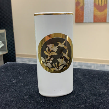 The Art Of Chokin Japanese Porcelain 24K Gold Edged Floral Hummingbird Vase