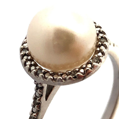 Designer 925 Sterling Silver Round Pearl Diamond Halo June Anniversary Ring