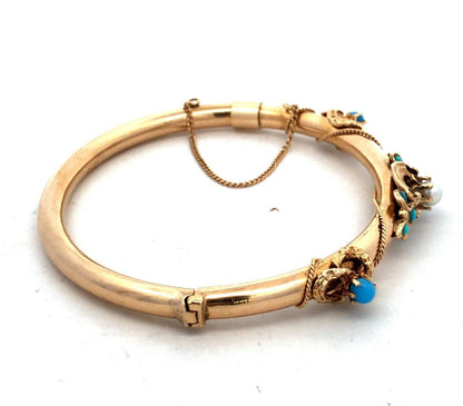 Estate 14K Yellow Gold Round Turquoise Pearl Art Deco Hinged Bangle Bracelet