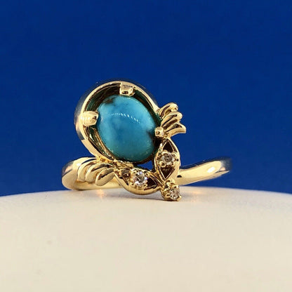 Vintage 14K Yellow Gold Diamond Turquoise Free Form Cocktail Ring
