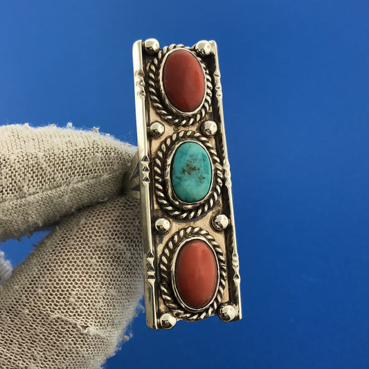 Native American Artisan Sterling Silver Coral Turquoise Rectangle Statement Ring