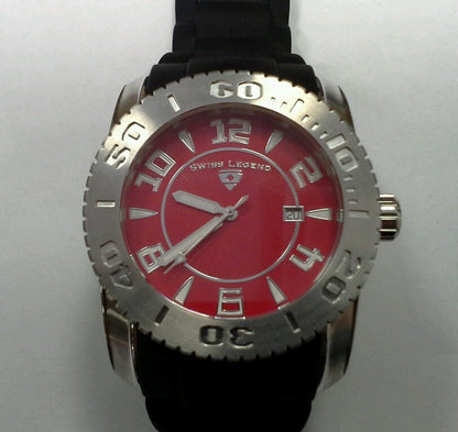 Swiss Legend Men Commander Stainless Steel Black Silicone Red Dial Watch 316L