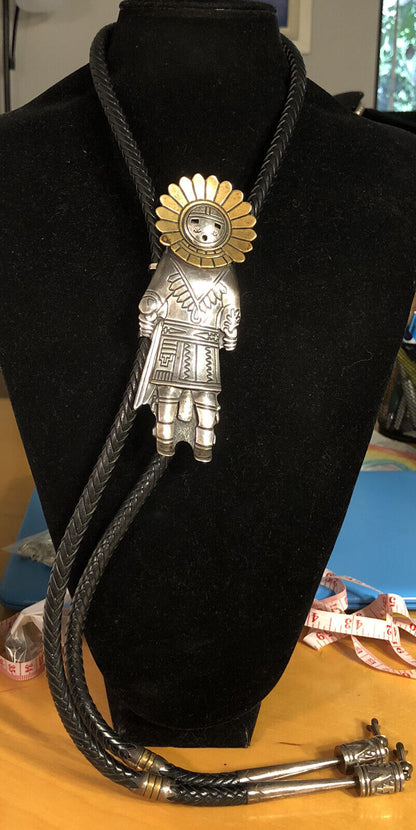 Native American Thomas Singer 925 Sterling Silver Dancer Black Leather Bolo Tie