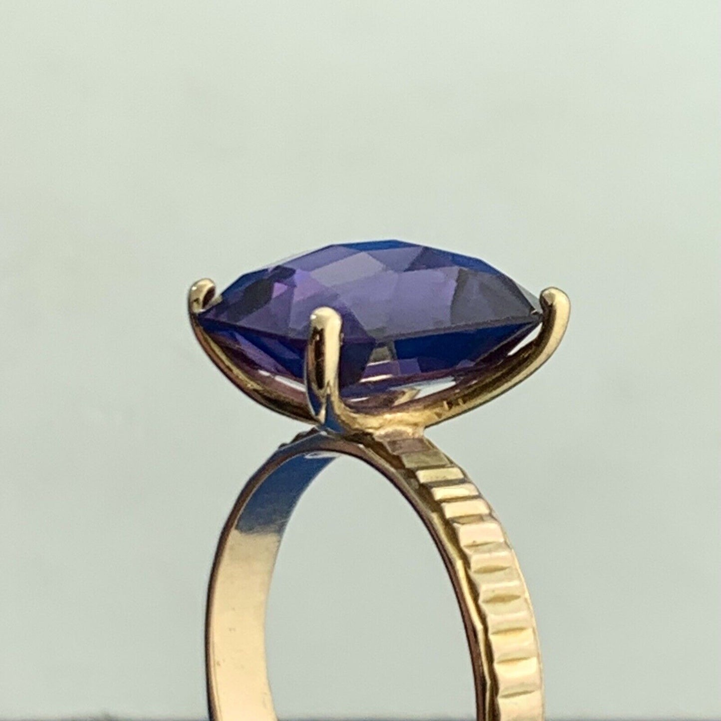Designer Taxco 14K Yellow Gold Cushion Cut Purple Sapphire Solitaire Ring