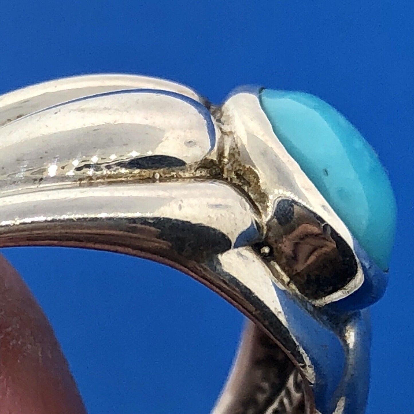 Designer OIM Sterling Silver 925 Oval Turquoise Modernist Ribbed Design Ring
