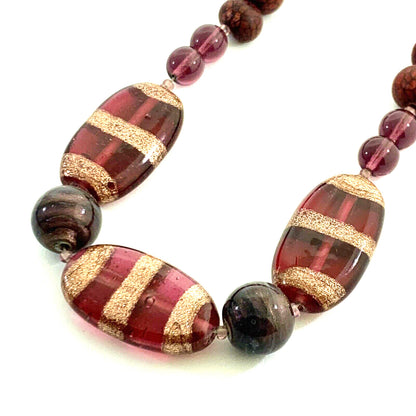 Artisan 14K Yellow Gold Amethyst Art Glass Wooden Mixed Bead Necklace