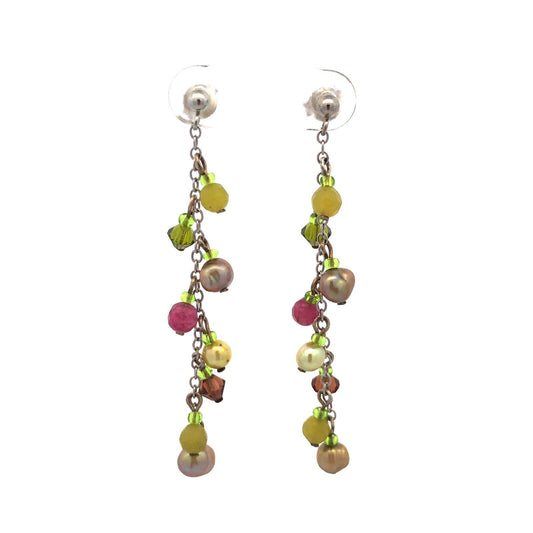 925 Sterling Silver Multi Gemstone Green Purple Cluster Dangle Earrings