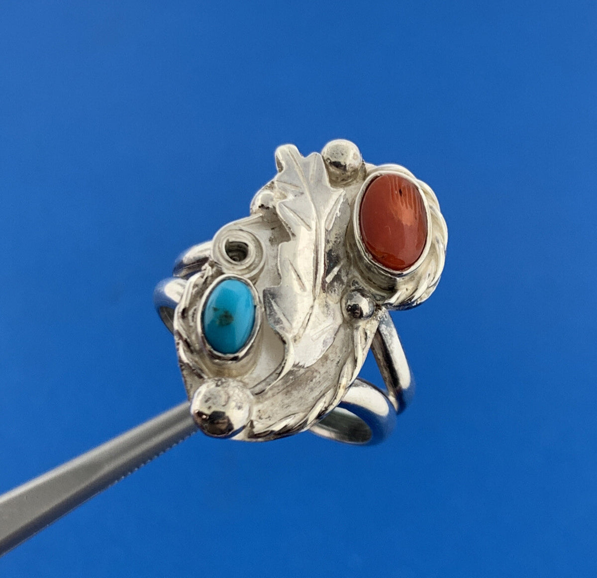 Stunning Sterling Silver 925 Turquoise Coral Floral Short Finger Ring Size 7.75
