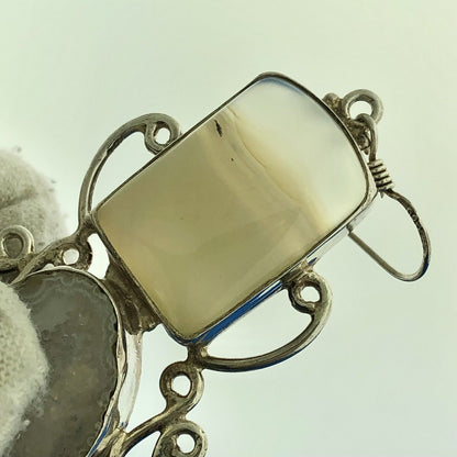 Sterling Silver 925 Banded Agate Grey Druzy Quartz Statement Dangle Earrings