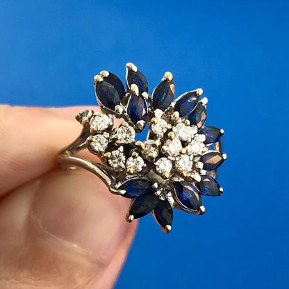 Designer 14K White Gold Sapphire Diamond Starfire Waterfall Anniversary Ring