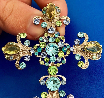 Silver Tone Grn Blue Aqua Crystal Fleur De Lis Cross Statement Enhancer Pendant