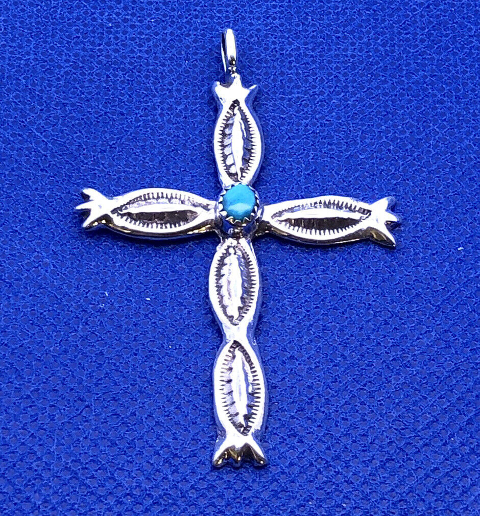 925 Sterling Silver Vintage Native American Old Pawn Turquoise Cross Pendant