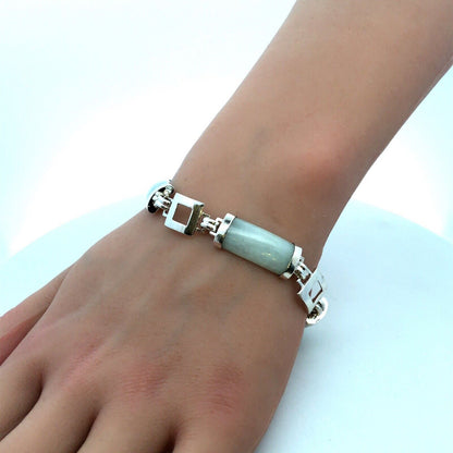 Designer G&K 925 Sterling Silver Light Green Jade Chinese Modernist Bracelet