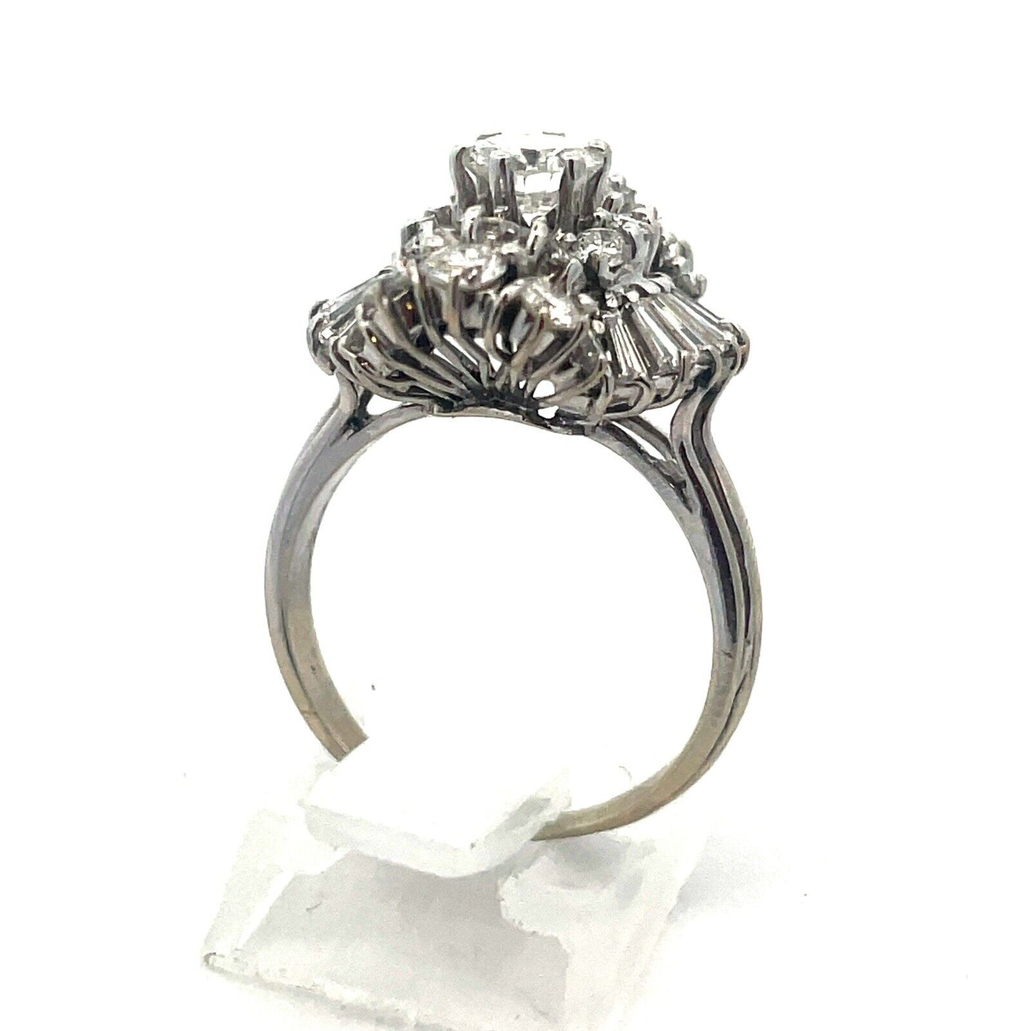 Estate 14K White Gold Round Diamond Center Waterfall Wave Accented Cocktail Ring