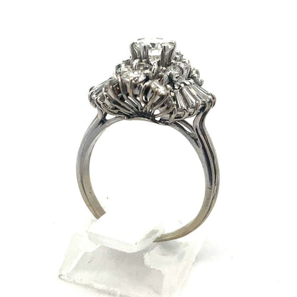 Estate 14K White Gold Round Diamond Center Waterfall Wave Accented Cocktail Ring