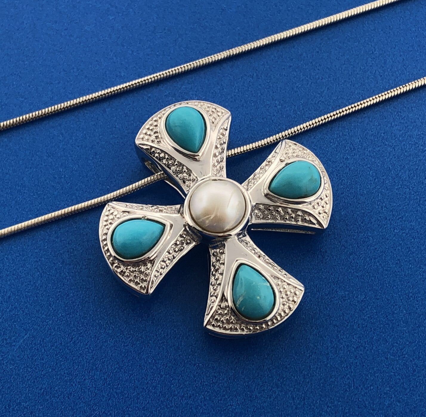 Designer EA Sterling Silver 925 Pearl Turquoise Modernist Cross Pendant Necklace