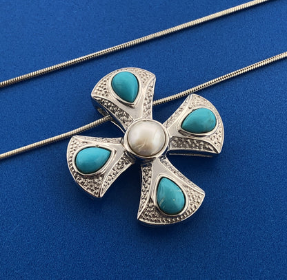 Designer EA Sterling Silver 925 Pearl Turquoise Modernist Cross Pendant Necklace