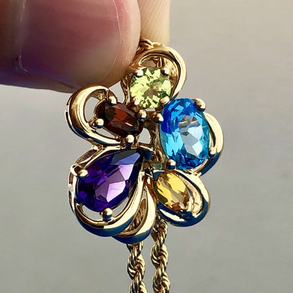 Vintage 14K Yellow Gold Multi Gemstone Flower Cluster Lariat Style Y Necklace