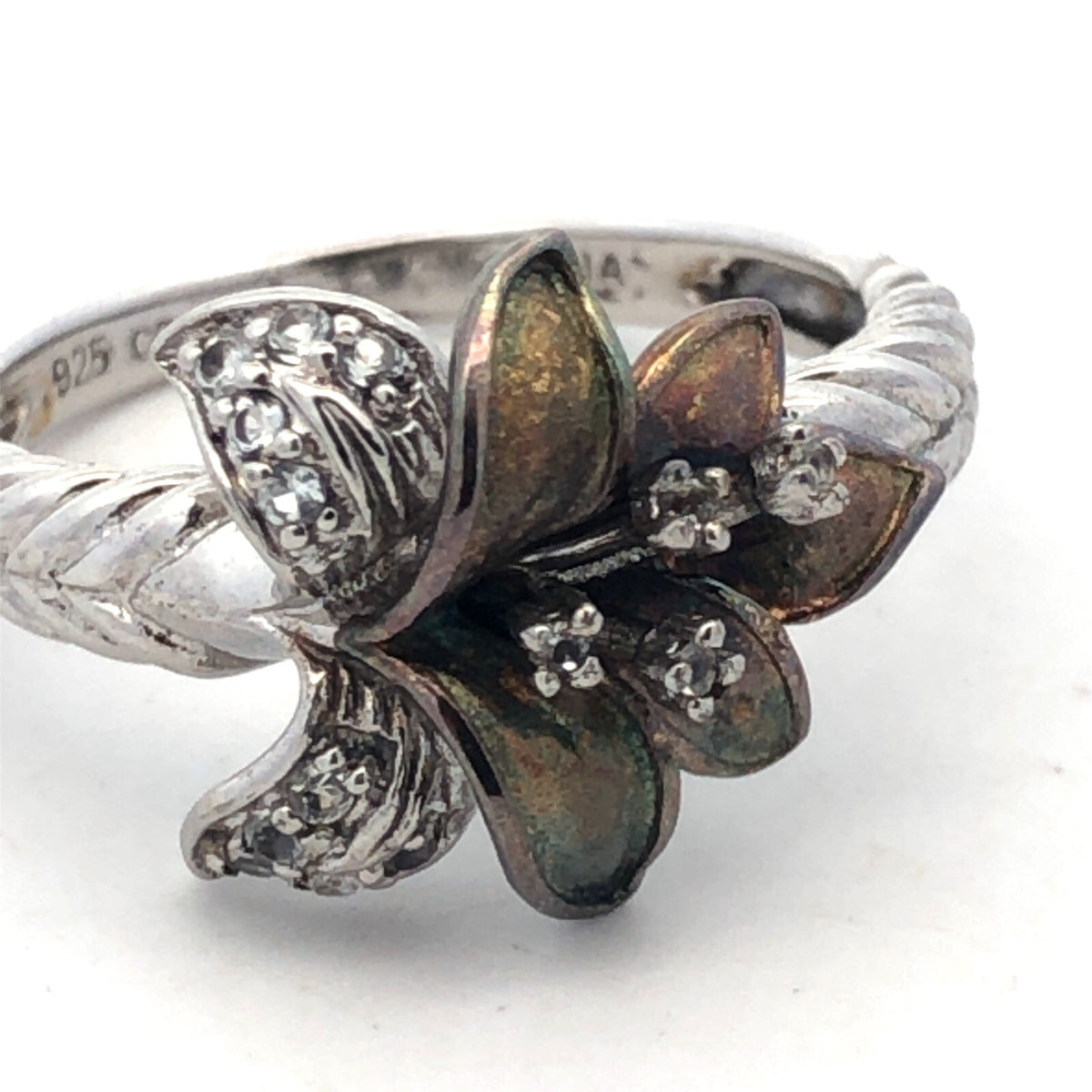 Designer CC 925 Sterling Silver Round White Topaz Lily Orchid Flower Ring