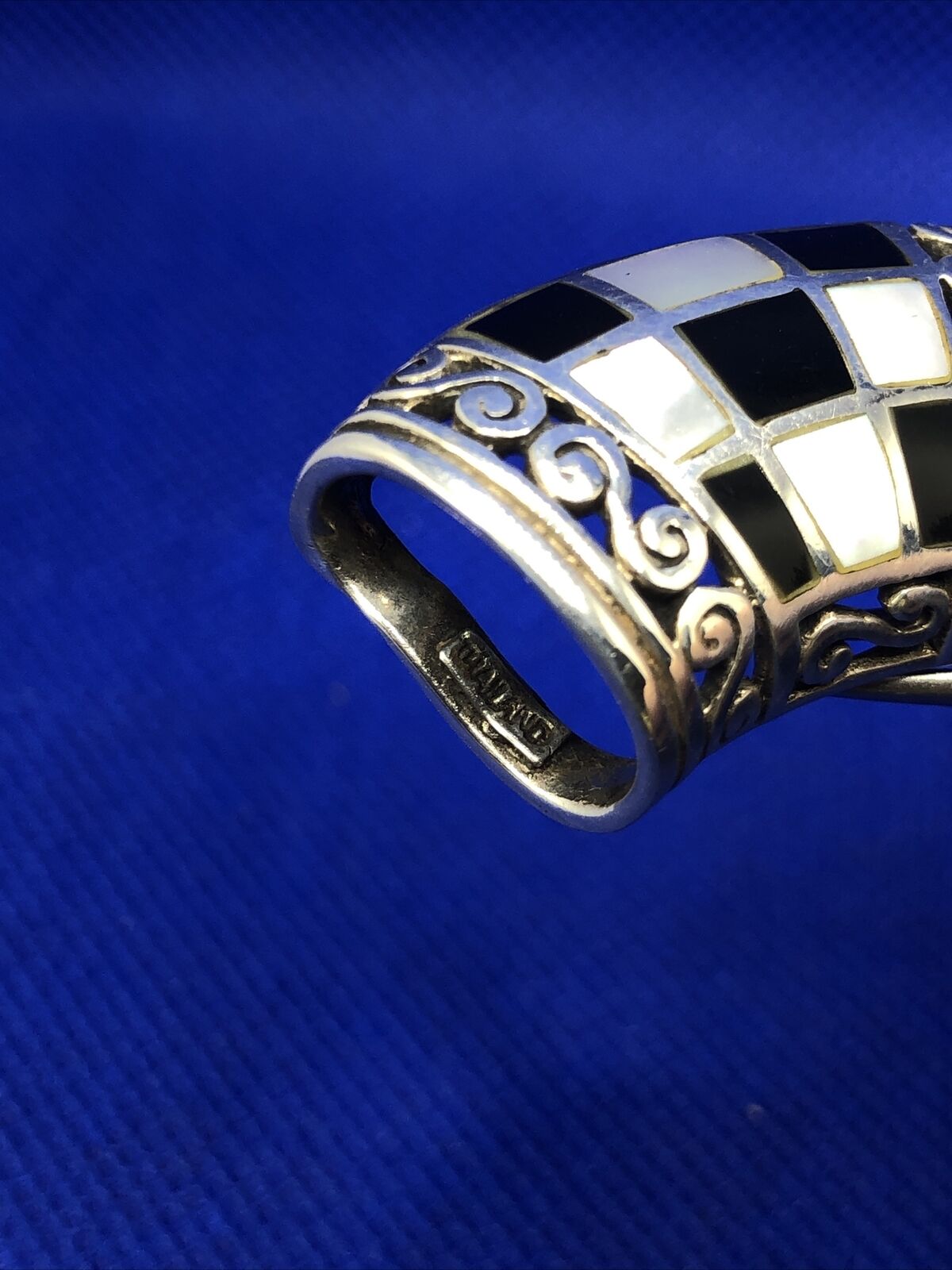 SX Black Onyx & Mother of Pearl Inlay 925 Sterling Silver Statement Pendant