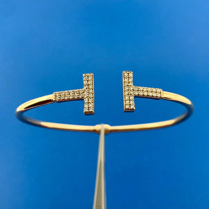 Designer 18k Yellow Gold Cubic Zirconia CZ T Shaped Open Hinged Bangle Bracelet